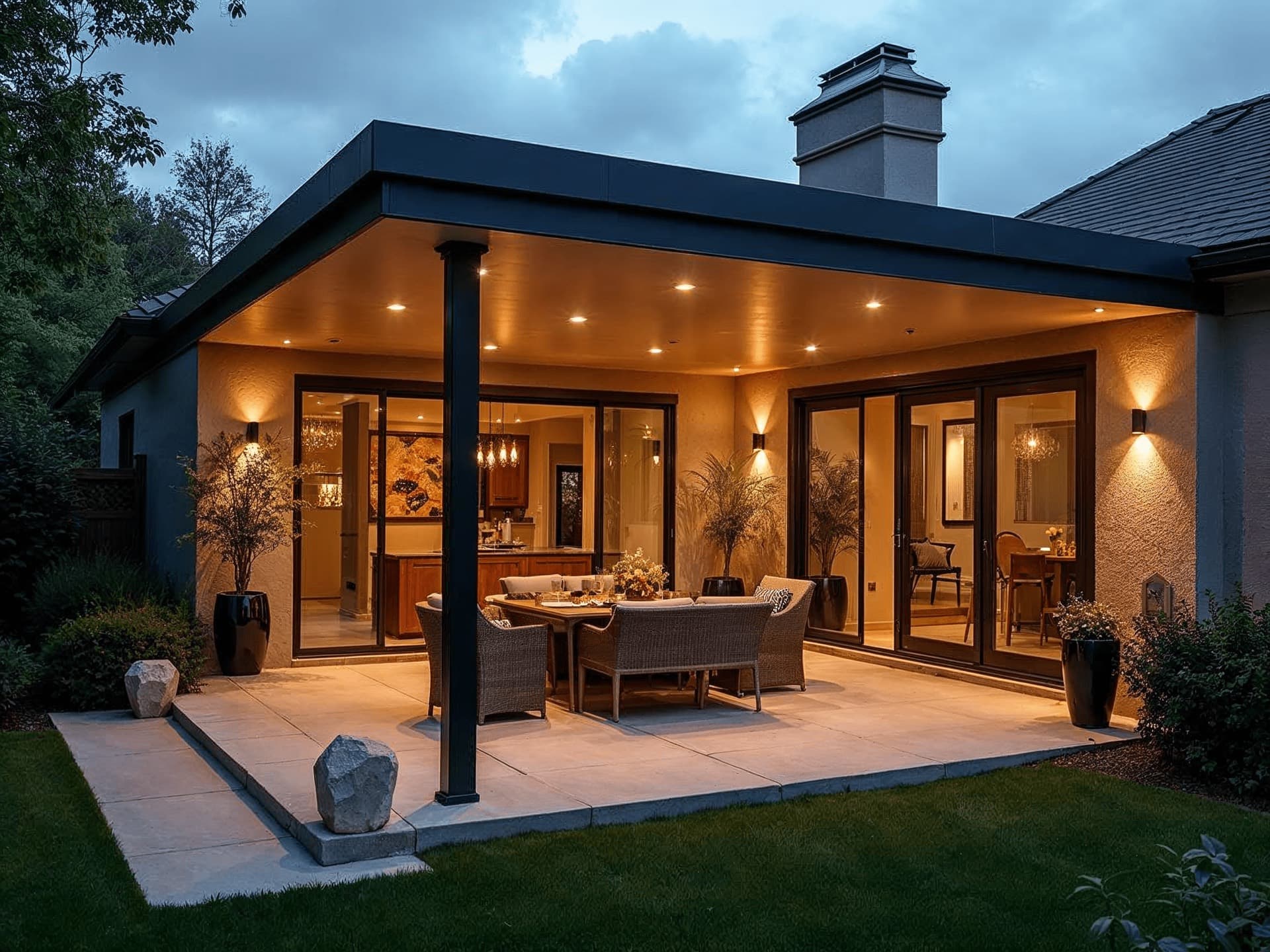 Insulated aluminum patio roof over an outdoor seating area